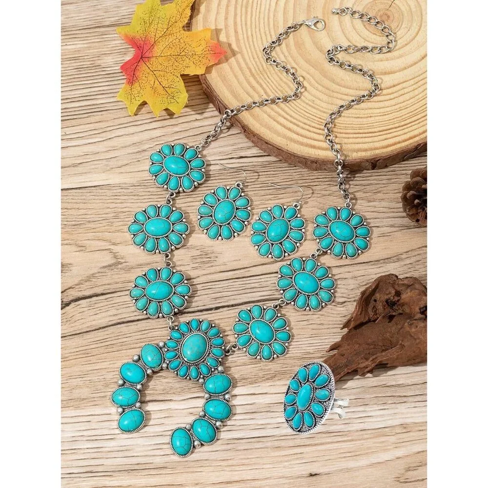 Chic Synthetic Turquoise Necklace with Matching Bohemian Earrings - Women's Set